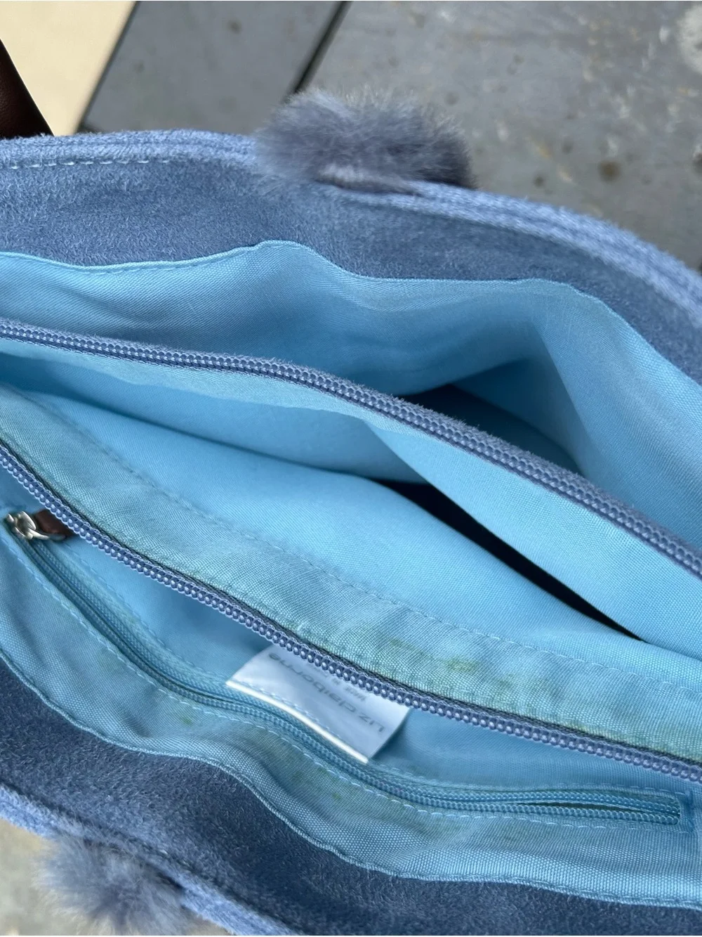 Blue Faux-Suede Tote Bag with Fur Trim Liz Clairborne